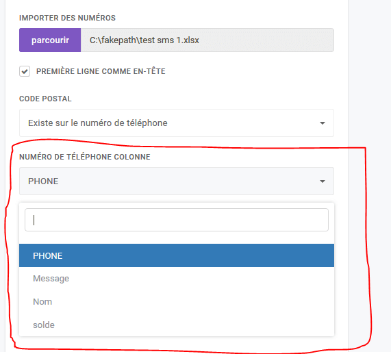 colonne numéro de téléphone fichier contact envoi sms