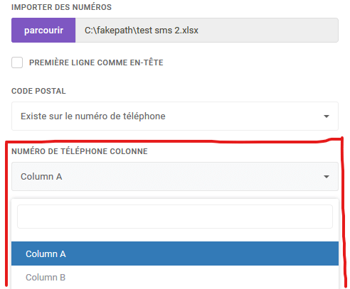 colonne numéro de téléphone fichier contact envoi sms