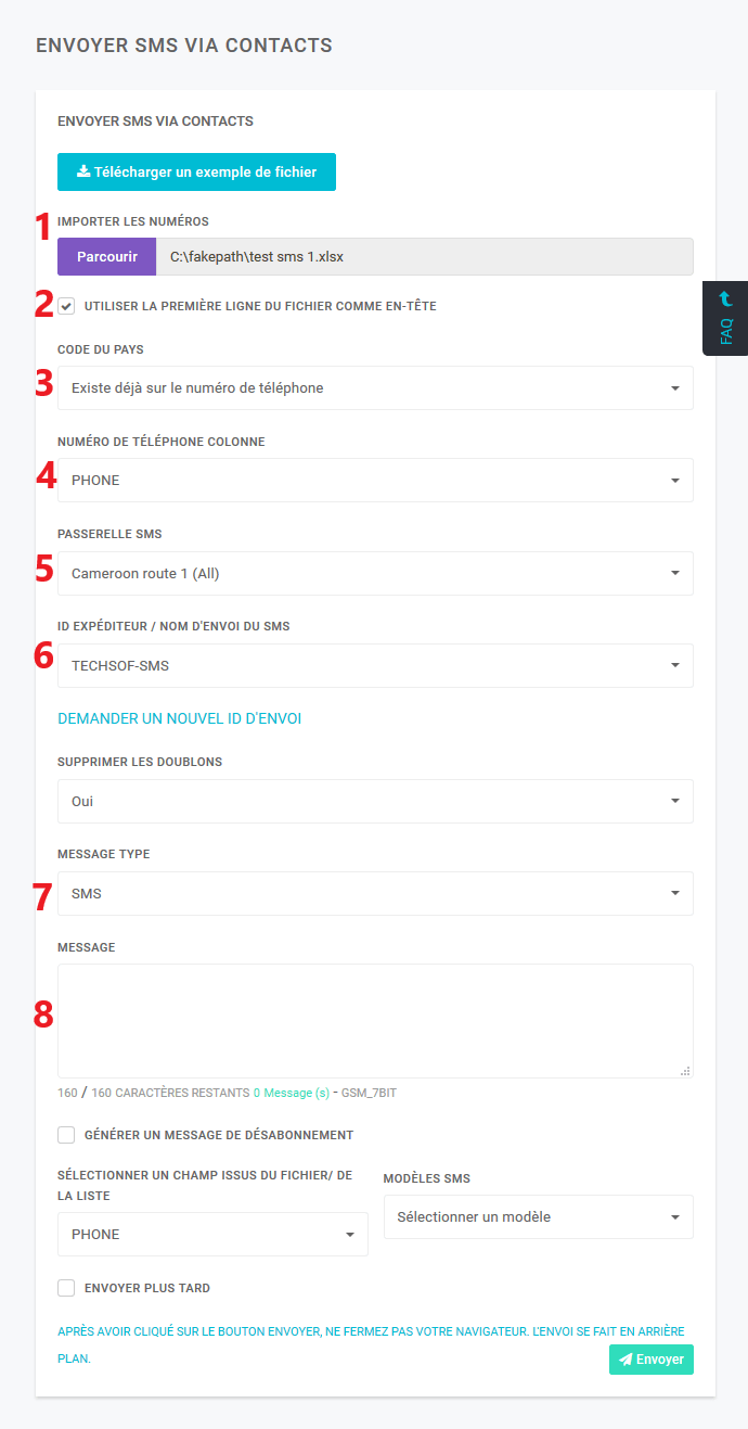 Formulaire d'envoie de sms par fichier excell ou csv